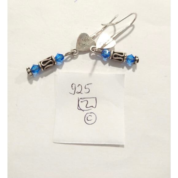 Vtg 925 Sterling Silver Hearts Dangle Drop Earrings Royal Blue Crystal Signed - Picture 6 of 7